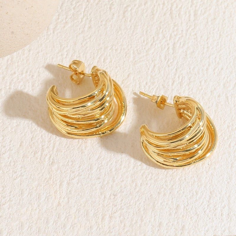 Elegant C Shape Zircon Hoop Earrings 14K Gold Plated Copper