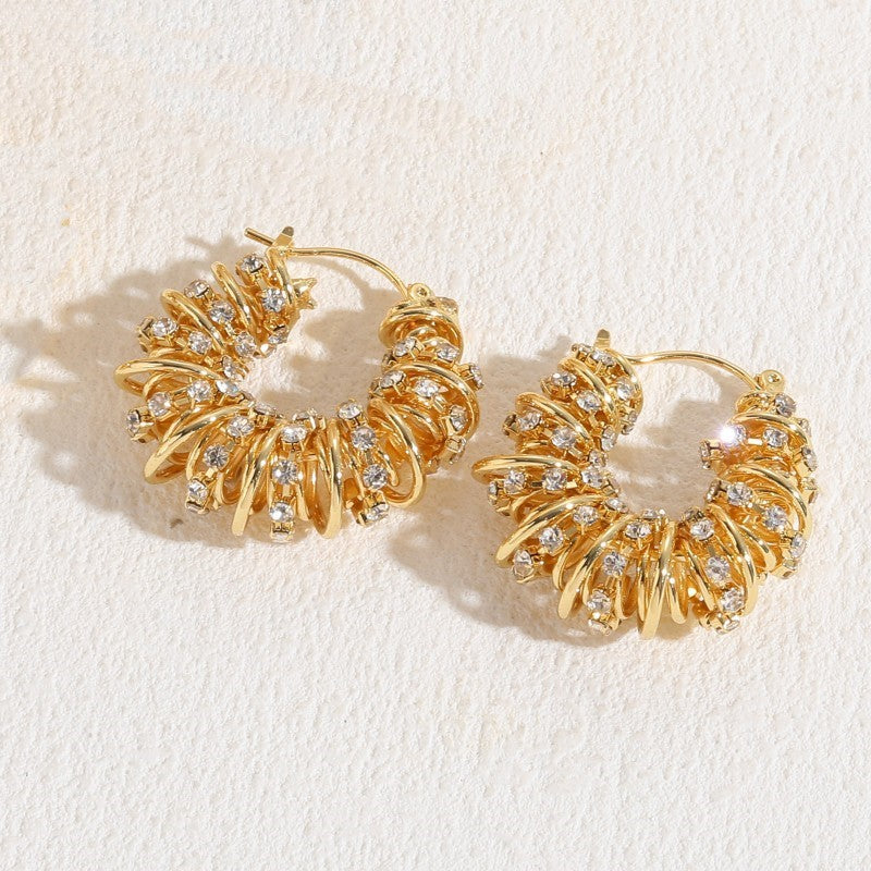 Elegant C Shape Zircon Hoop Earrings 14K Gold Plated Copper