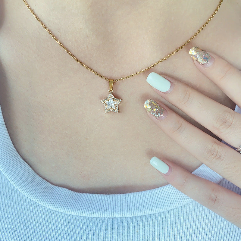 Korean Style Starry Sky Moon and Sun Gold Plated Pendant Necklace - Stainless Steel with Zircon Inlay