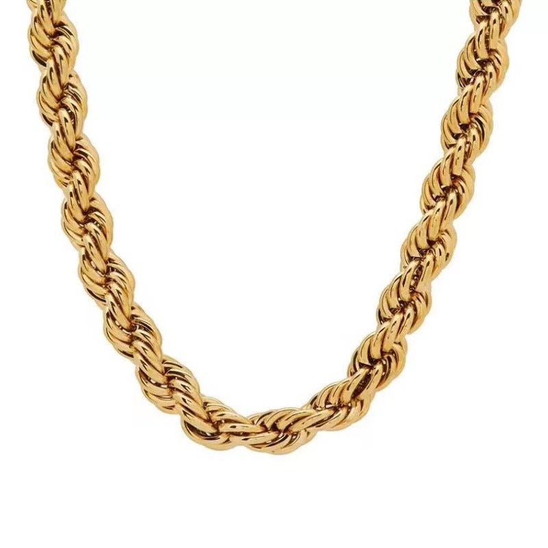18K Gold Plated Twisted Rope Stainless Steel Necklace - 8mm Wide Vintage Style