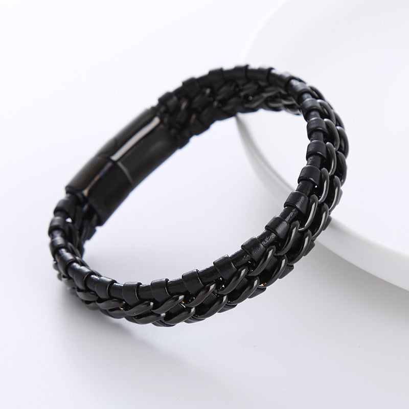 Geometric Stainless Steel Double Chain Braided Leather Men's Bracelet