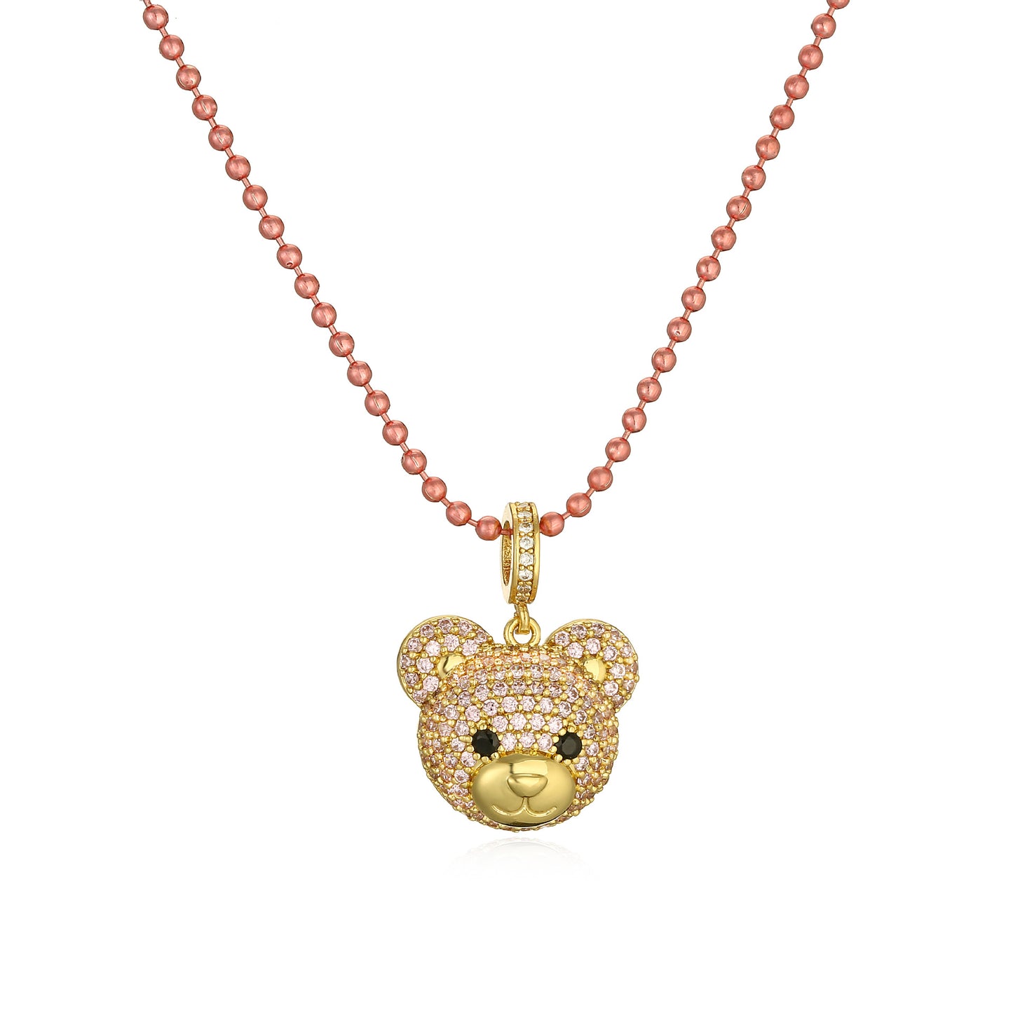 Cute Little Bear Zircon Pendant Necklace with Colorful Beaded Chain
