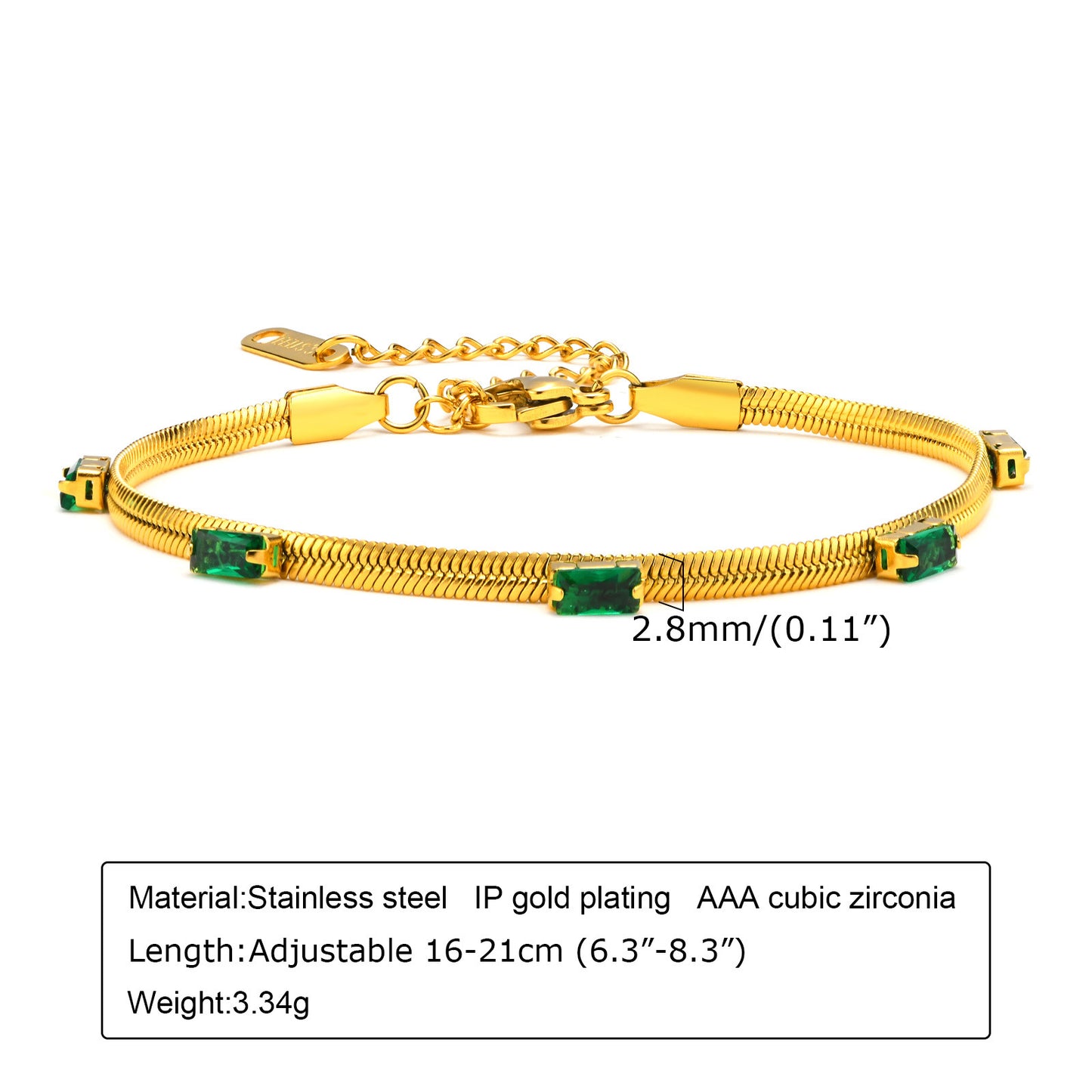 Elegant Geometric 18K Gold Plated Green Zircon Stainless Steel Bracelet