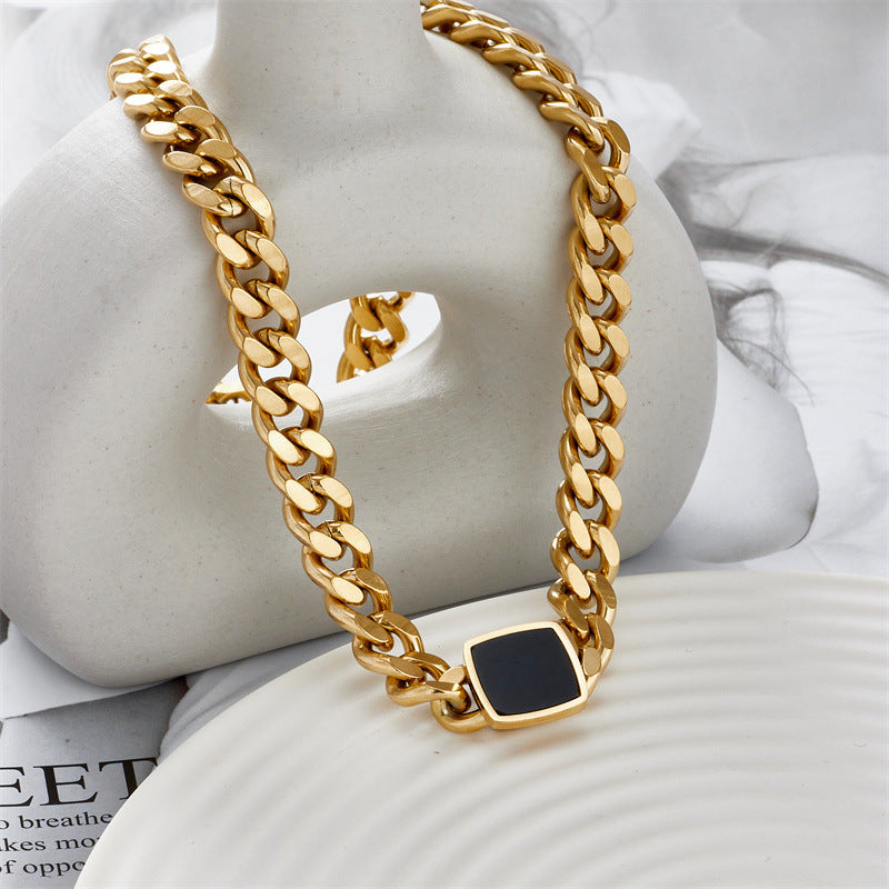 Simple Square Stainless Steel Oil Drip Cuban Clavicle Chain Necklace