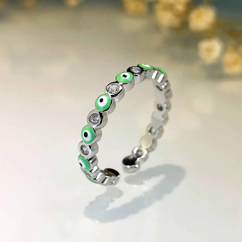 Fashion Jewelry Copper Ring with Micro-inlaid White Zircon and Enamel Evil Eye Design