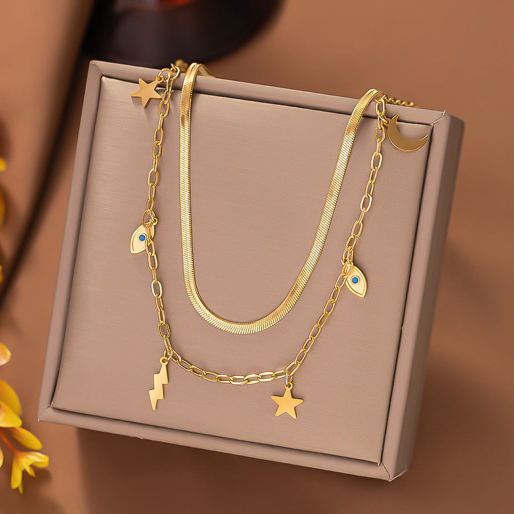 Fashion Turquoise Evil Eye Titanium Steel Layered Necklace