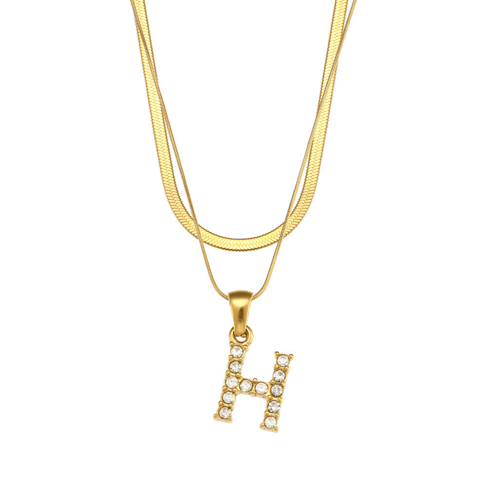 18K Gold Plated Double-Layer Zircon Letter Stainless Steel Necklace