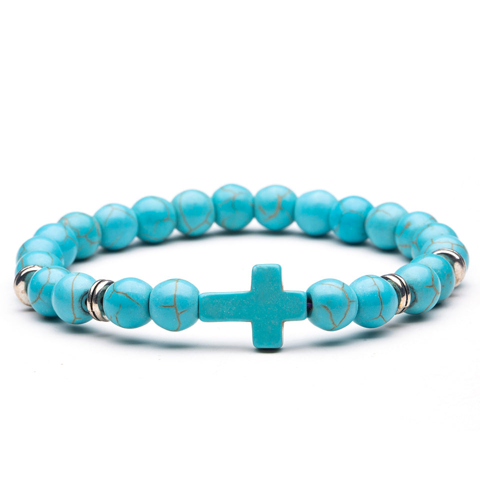 Natural Stone Cross Bead Charm Bracelet 8mm Jewelry