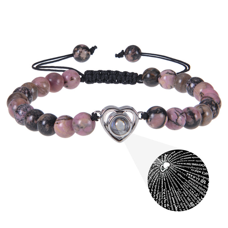 Romantic Heart Shape Natural Stone Projection Bracelets with Pink Crystal Beads