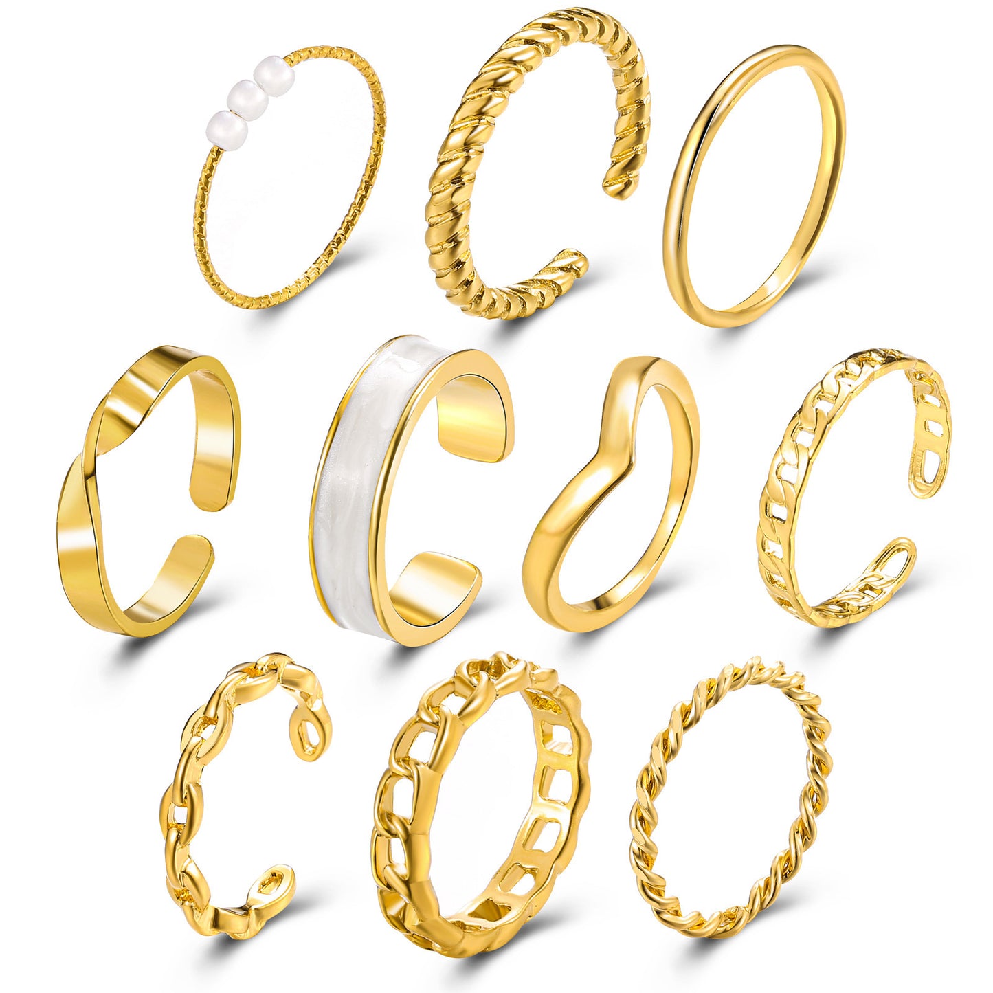 Elegant Pearl & Metal Twist Ring Set - 10 Pieces