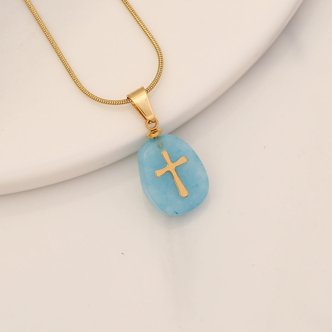 Fashion Stainless Steel Natural Stone Cross Pendant Necklace