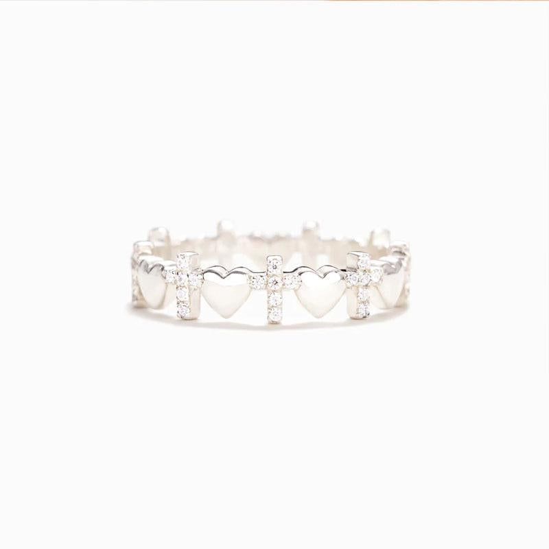Elegant Heart Cross Sterling Silver Zircon Ring for Women