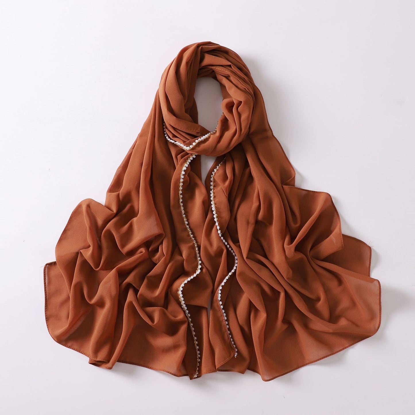 75D Pearl Chiffon Beaded Double Chain Hijab Scarf for Middle East and Africa
