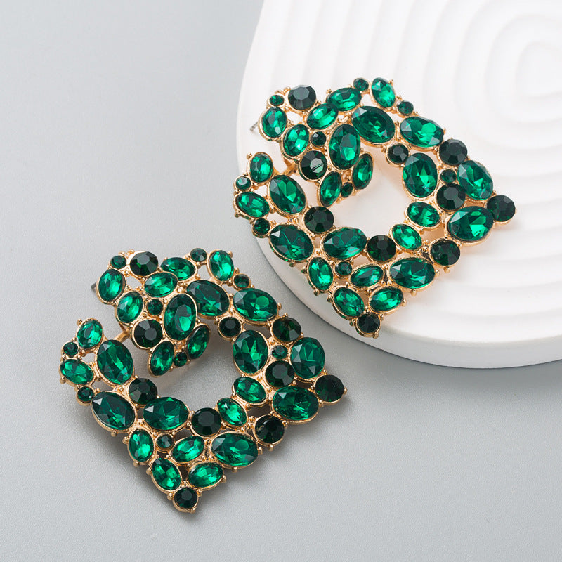 Exaggerated Geometric Square Color Rhinestone Alloy Earrings