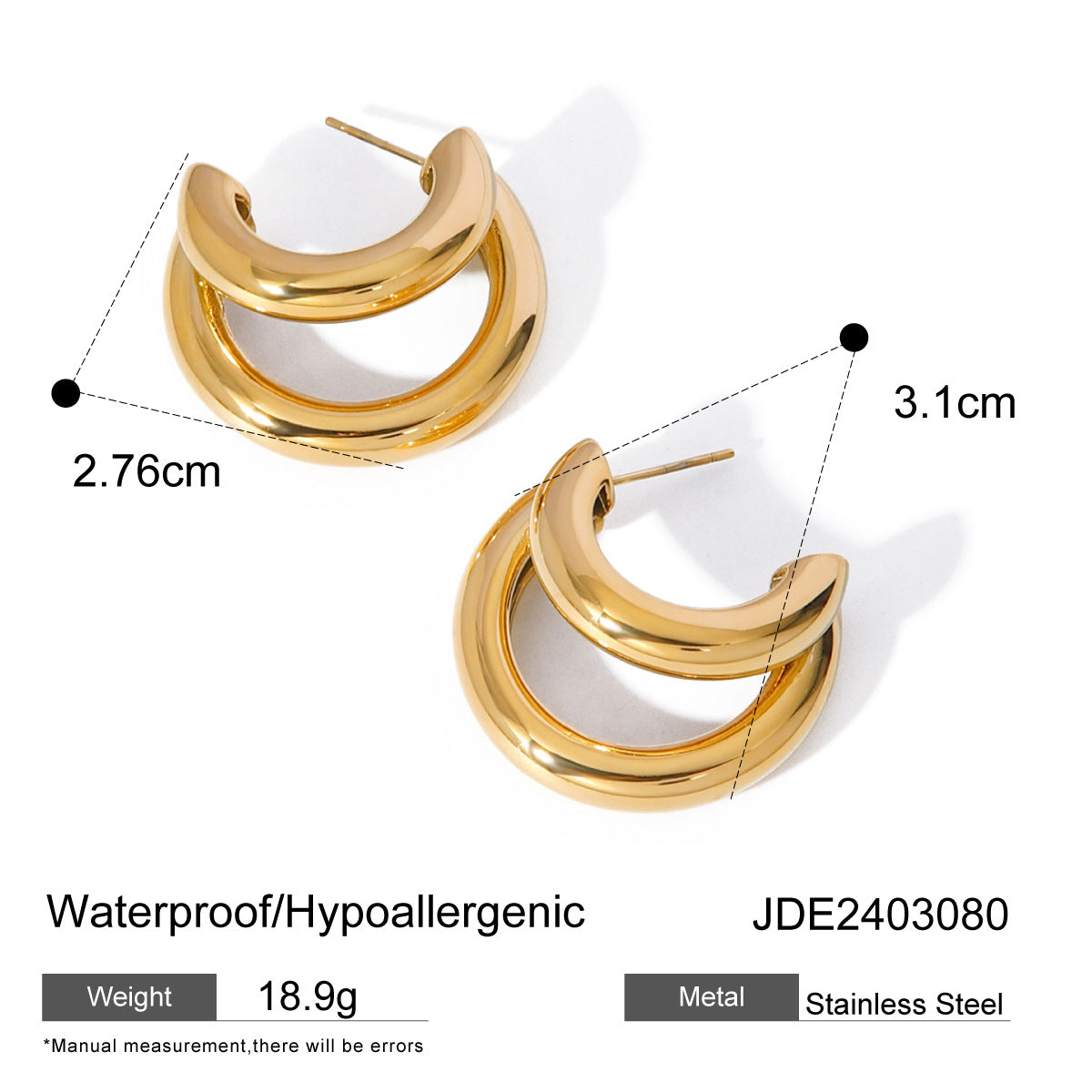 1 Pair Minimalist 18K Gold Plated Stainless Steel Double Layer C-Shaped Earrings