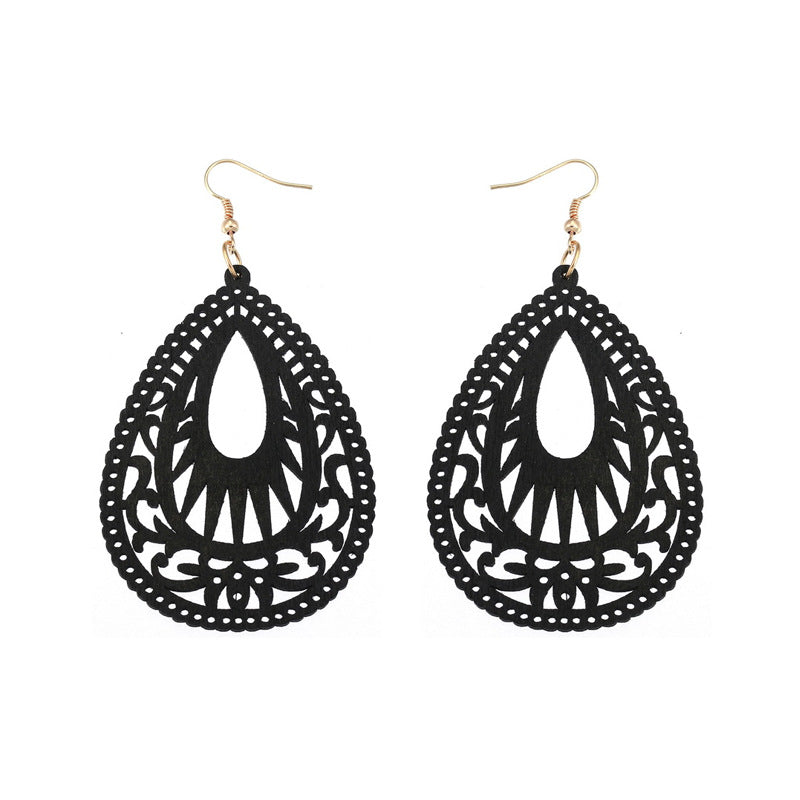 Retro Hollow Out Wood Water Drop Earrings for Women
