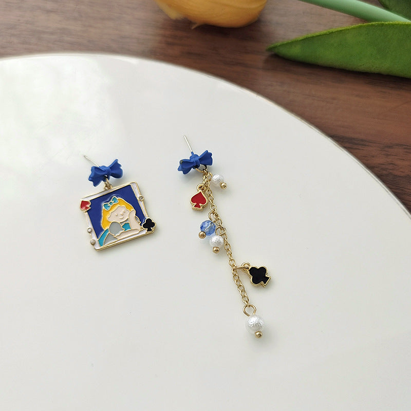 Sweet Cartoon Character Asymmetrical Drop Earrings with Bow Knot and Artificial Pearls, S925 Silver Needle