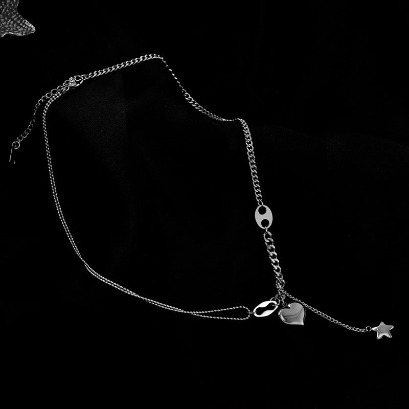 Vintage Heart Shape Gold Plated Stainless Steel Layered Necklace with Star Tassel Design