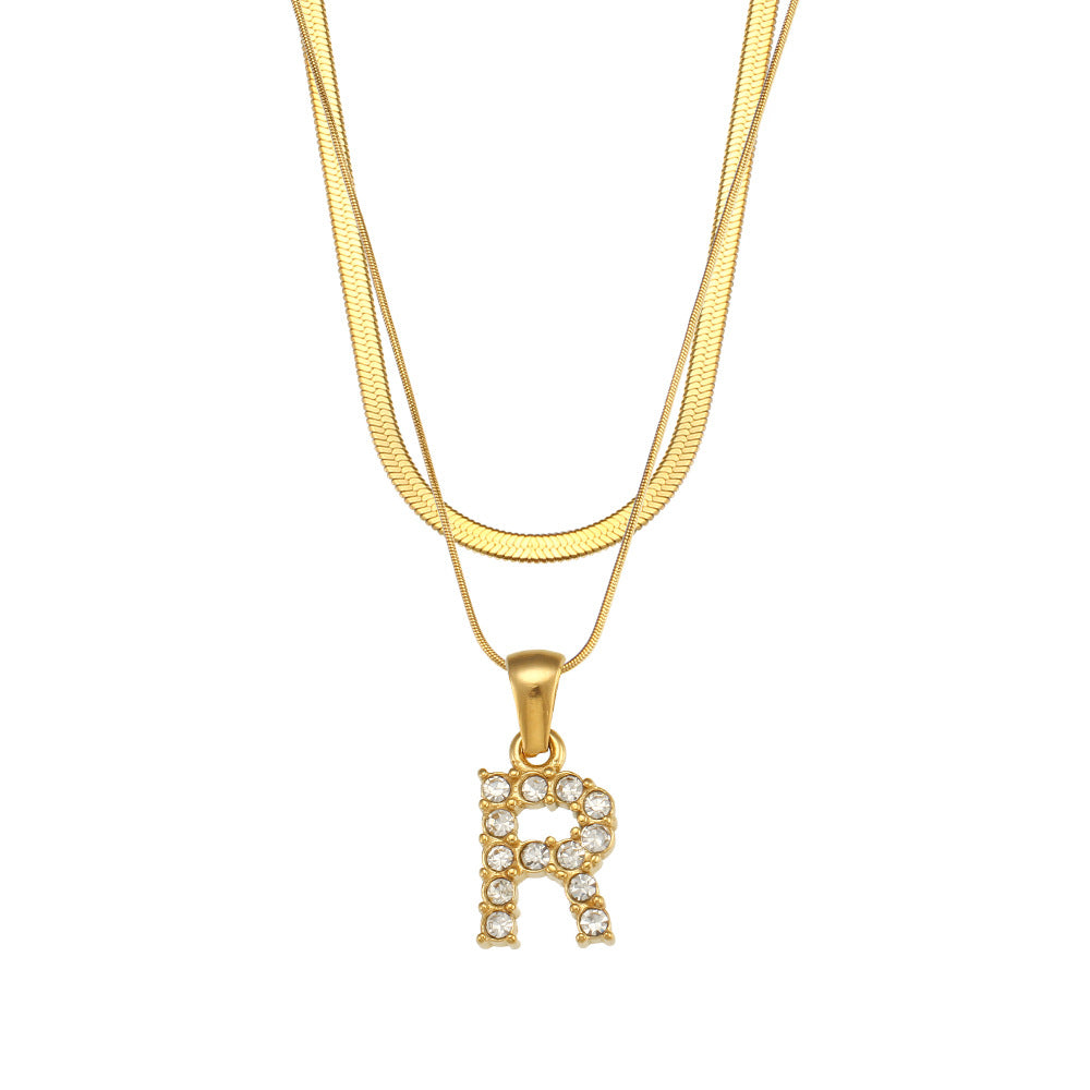 18K Gold Plated Double-Layer Zircon Letter Stainless Steel Necklace