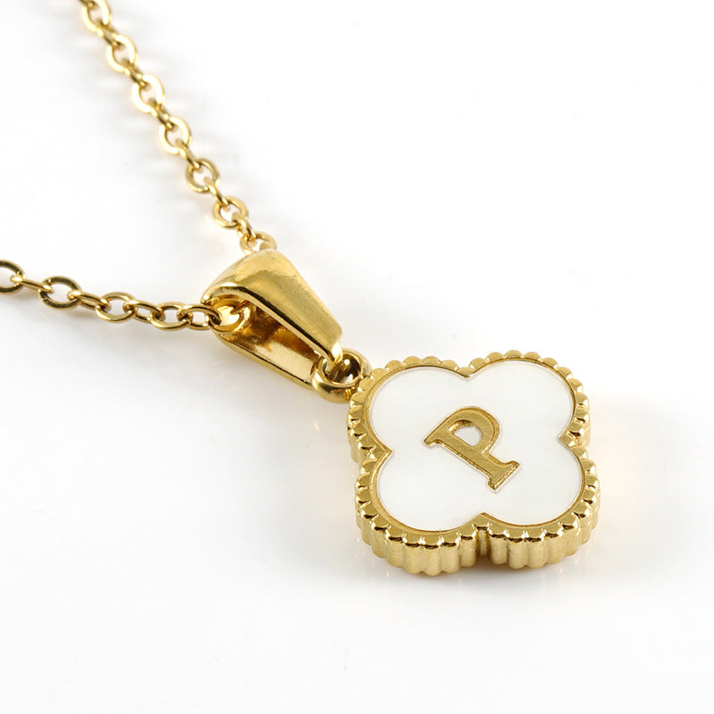 Simple Clover Shell Letter Stainless Steel 18K Gold Plated Pendant Necklace
