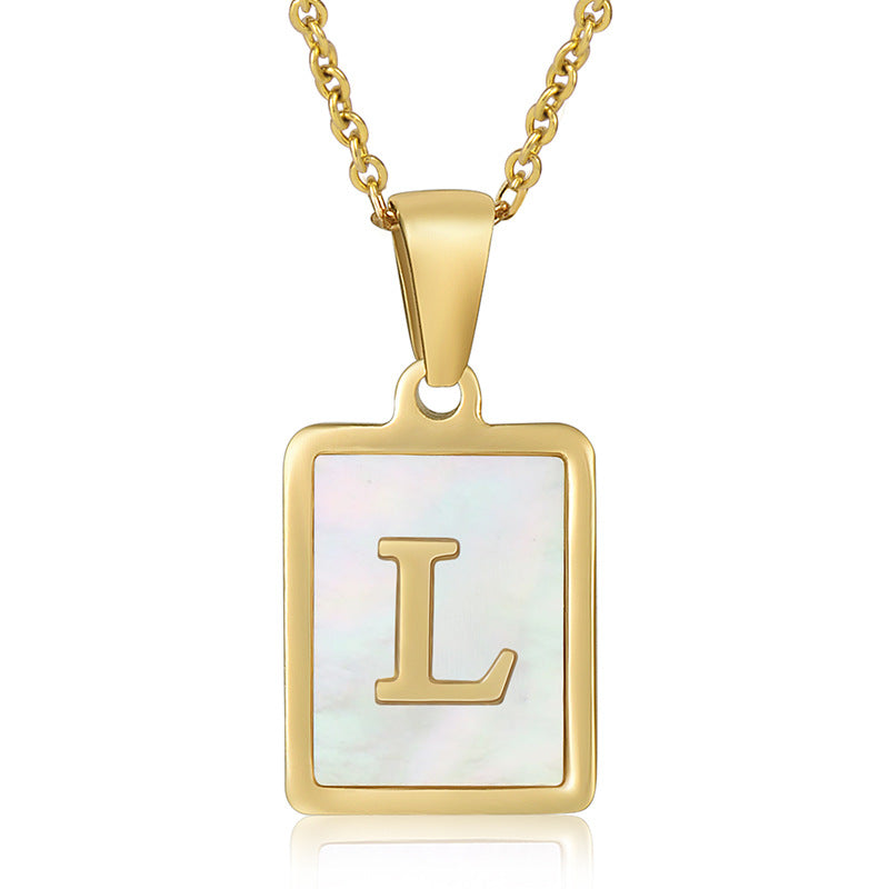 Stainless Steel Alphabet Pendant Necklace with Inlay Shell and 18K Gold Plating