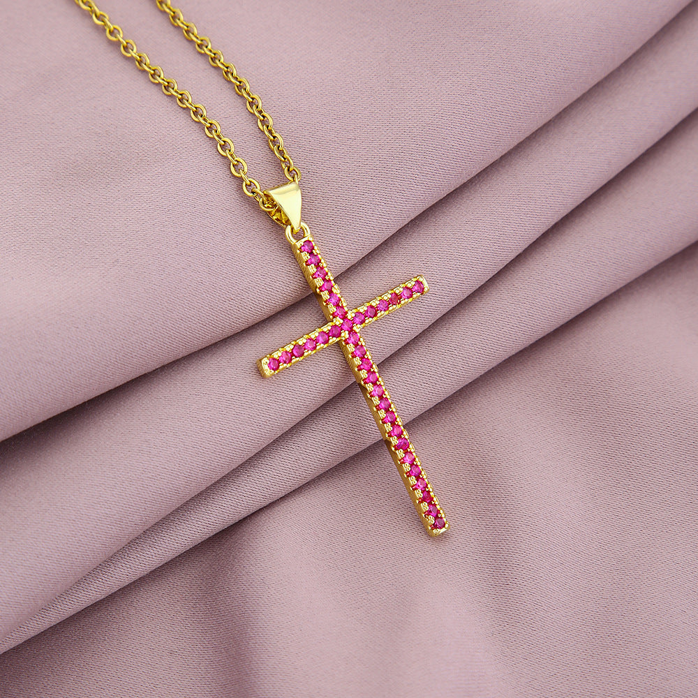 Trendy Cross Pendant Necklace with Colorful Zircon for Couples