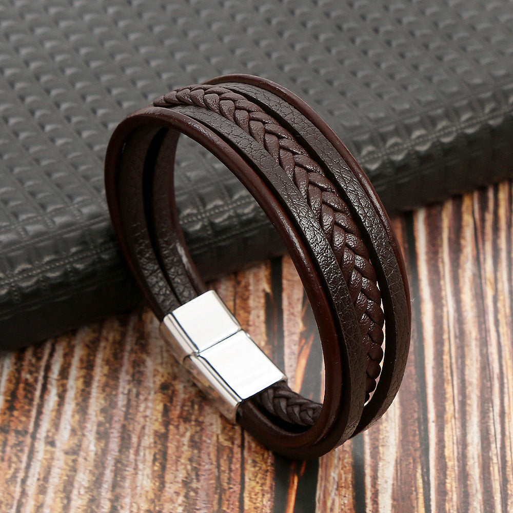 Retro Multilayer Leather Bracelet with Magnetic Buckle for Men