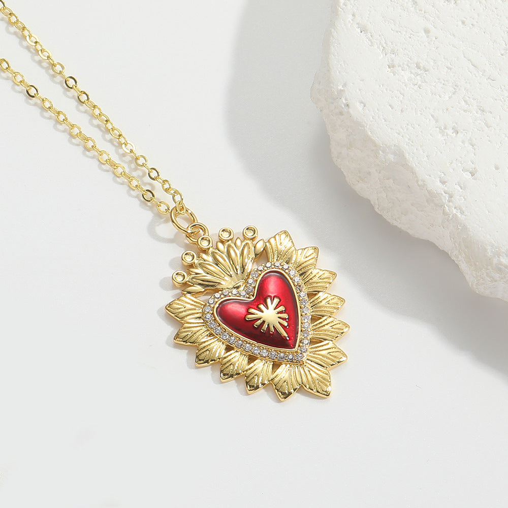 14K Gold Plated Enamel Heart Wings Zircon Pendant Necklace