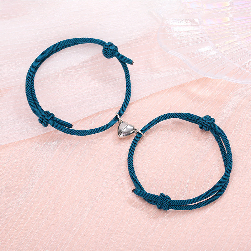 Heart-shaped Magnetic Couple Bracelets Set - Alloy Love Charm Rope Jewelry