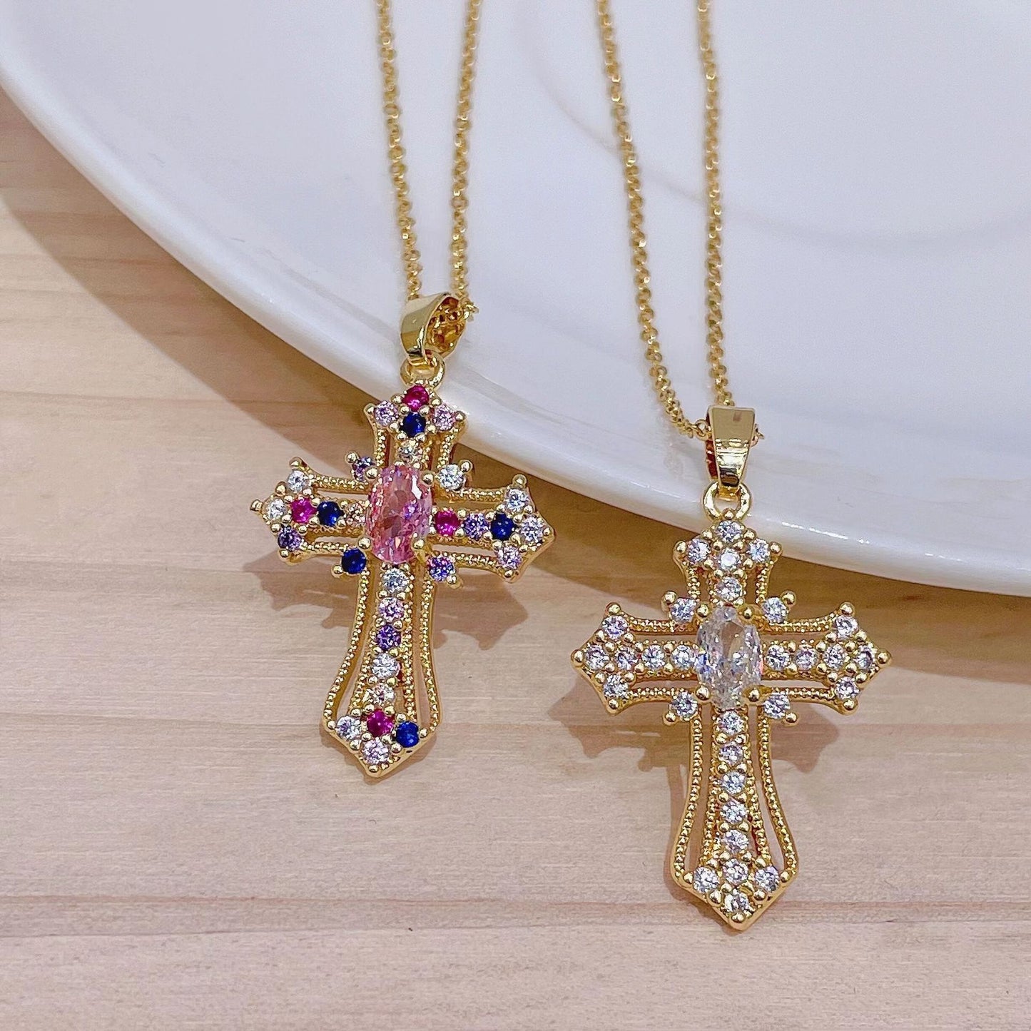 Elegant Vintage Punk Cross Zircon Pendant Necklace