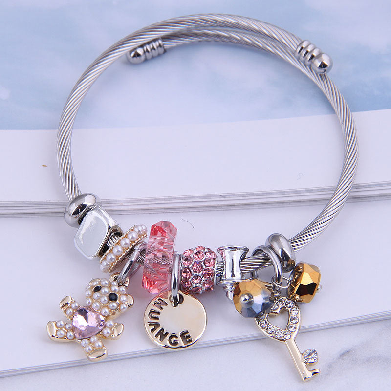 Fashion Pearl Heart Bear Adjustable Stainless Steel Crystal Beaded Bracelet