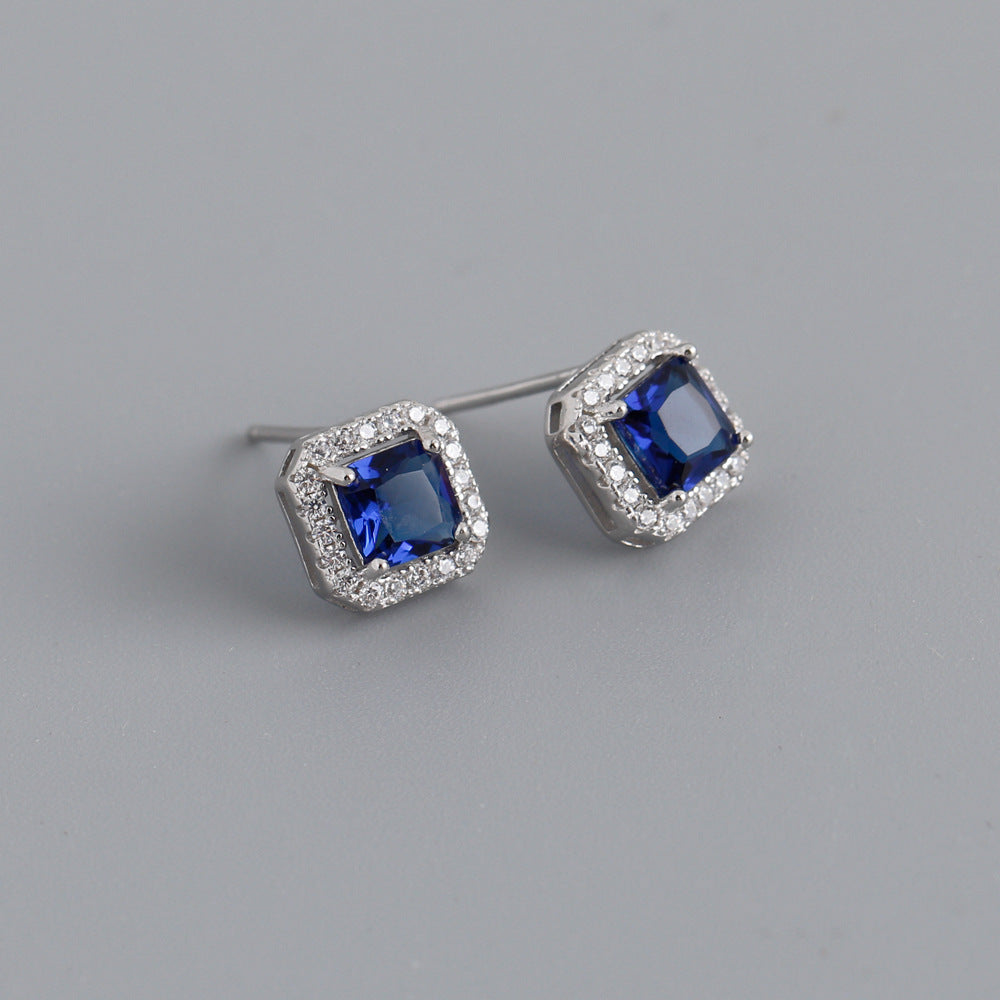 Geometric Sterling Silver Zircon Square Stud Earrings