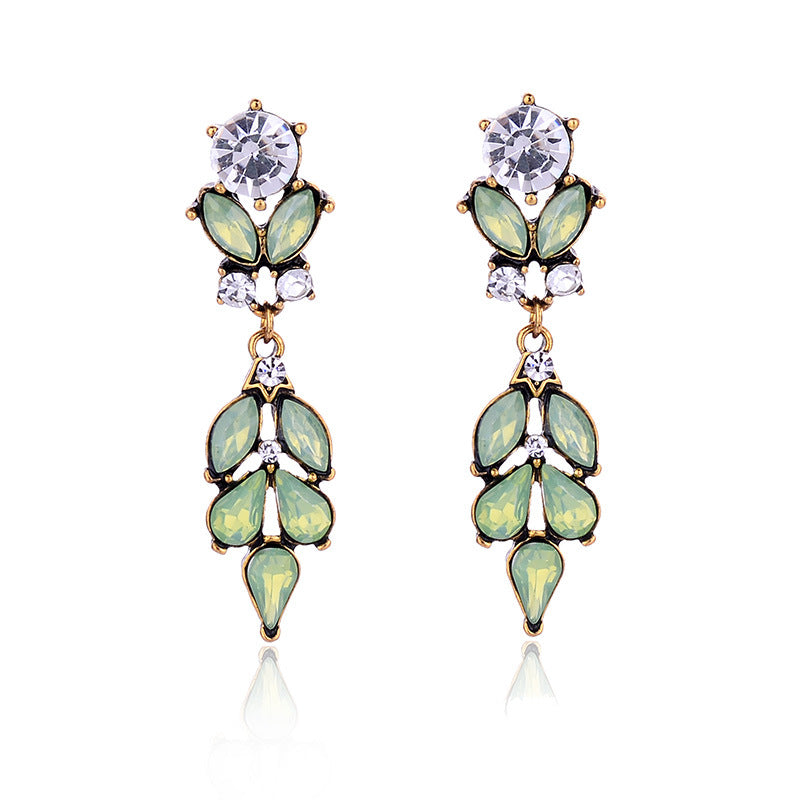 Retro Crystal Inlay Leaf Drop Earrings for Women
