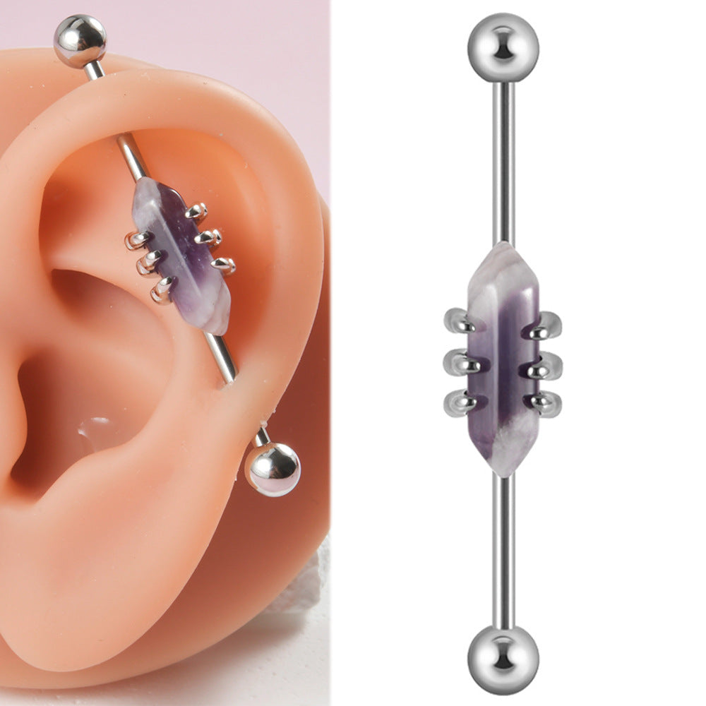 Geometric Stainless Steel Opal & Amethyst Cartilage Stud Earrings