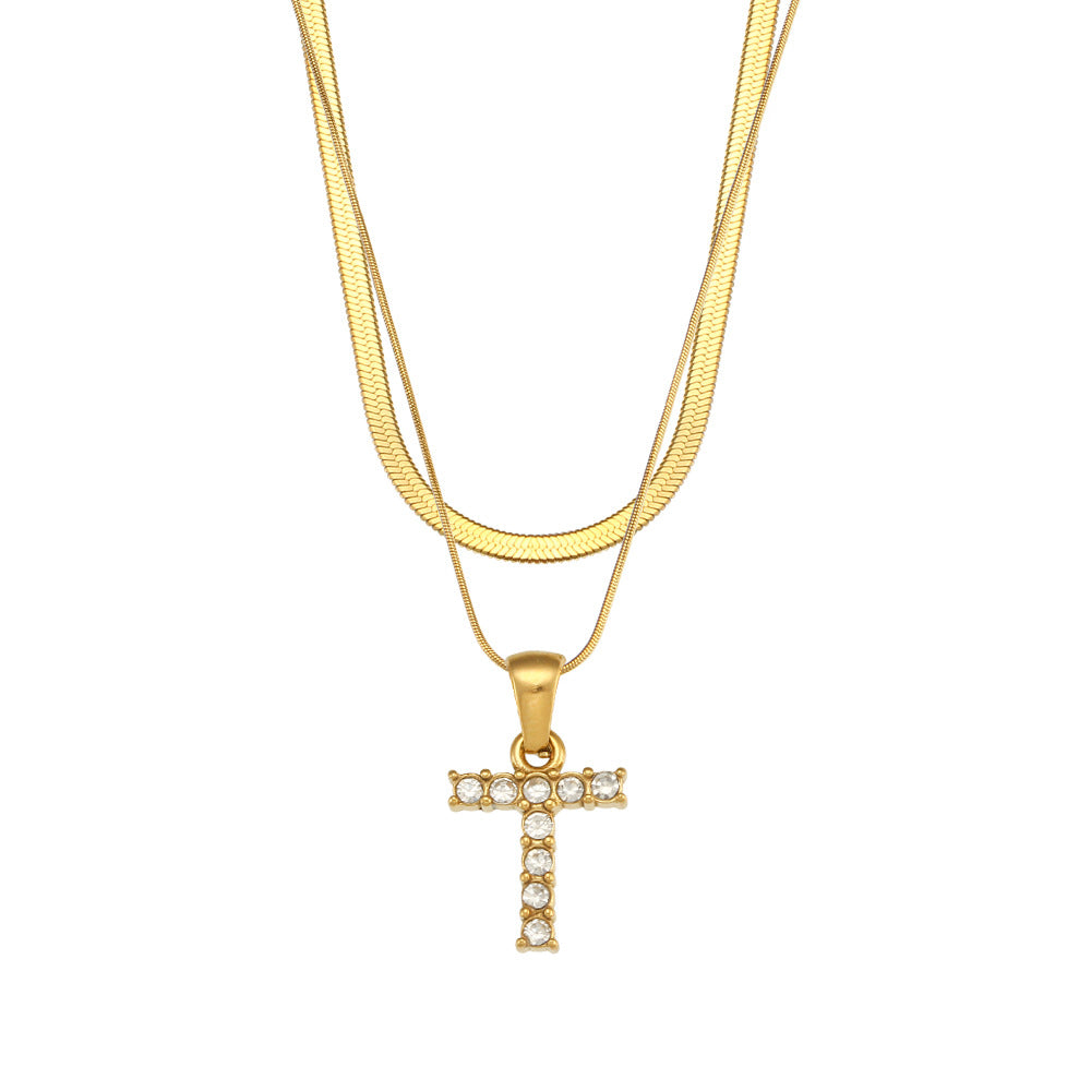 18K Gold Plated Double-Layer Zircon Letter Stainless Steel Necklace