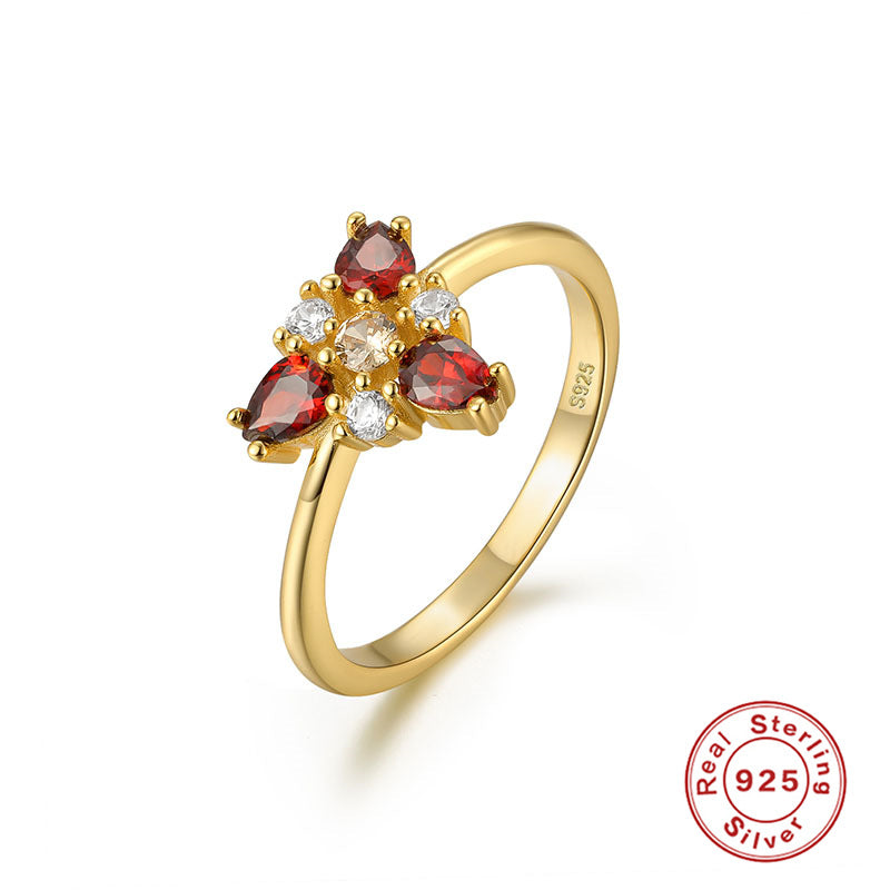 Retro Square Oval Butterfly Sterling Silver Zircon Ring with Mini Floral Bouquet Design