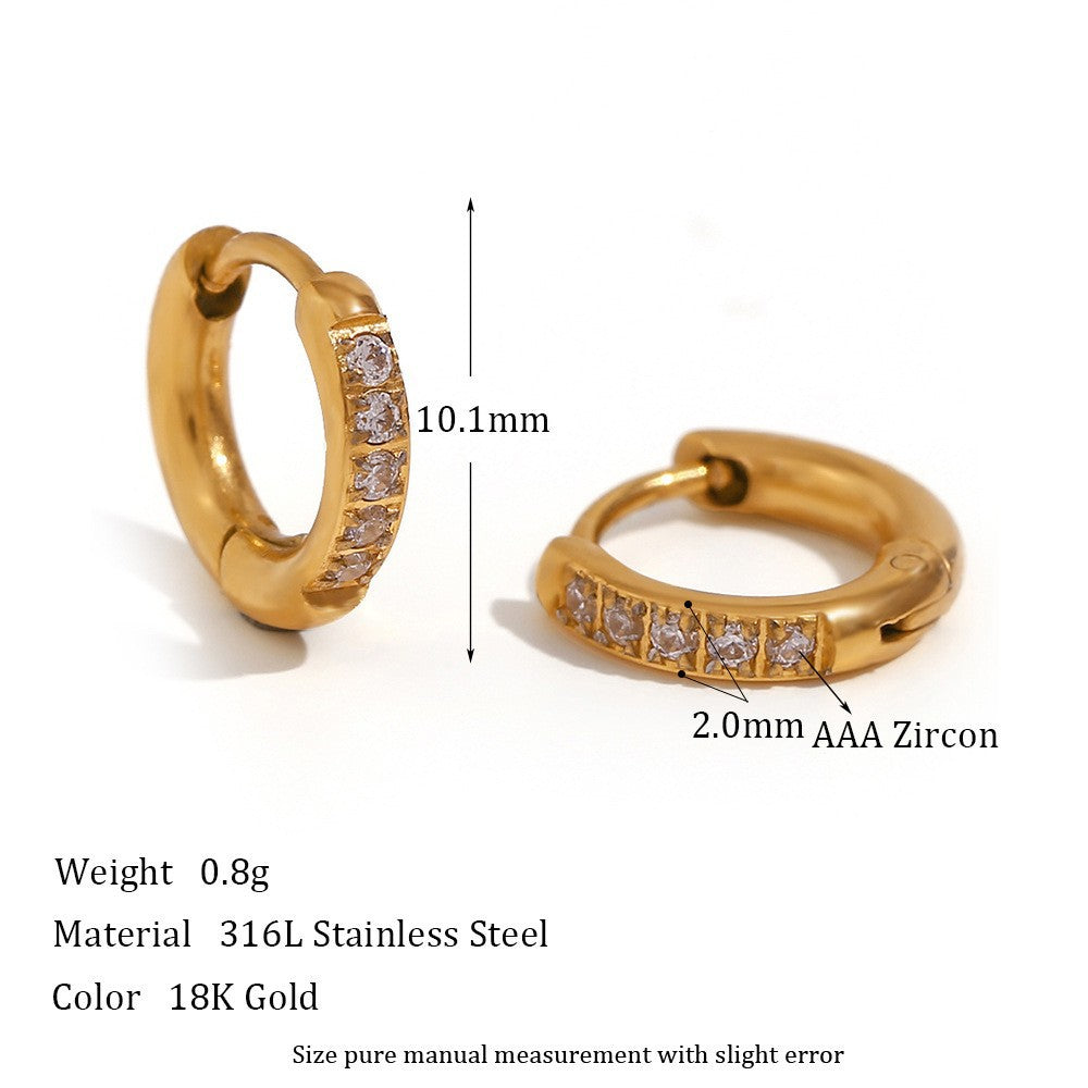 1 Pair Minimalist Round 18K Gold Plated Stainless Steel Zircon Hoop Earrings