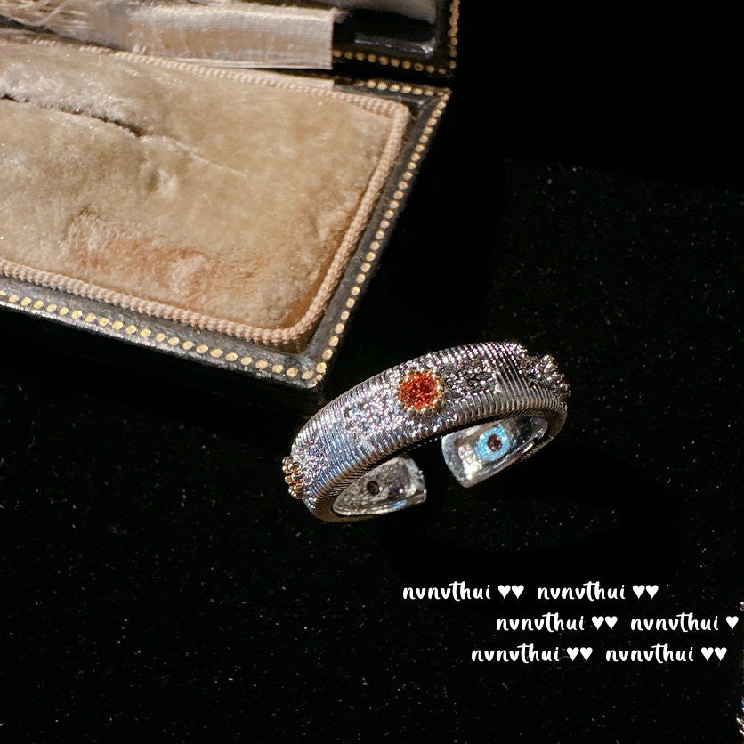 Skull Punk Adjustable Men's Cowhide Bracelet & Textured Gold Plated Rainbow Zircon Ring Set