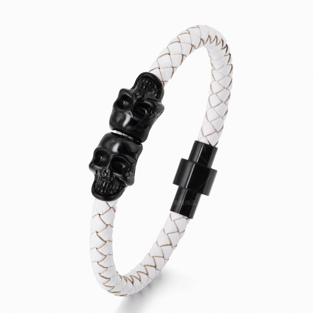 European American Cowhide Skull Magnetic Clasp Men's Bracelet