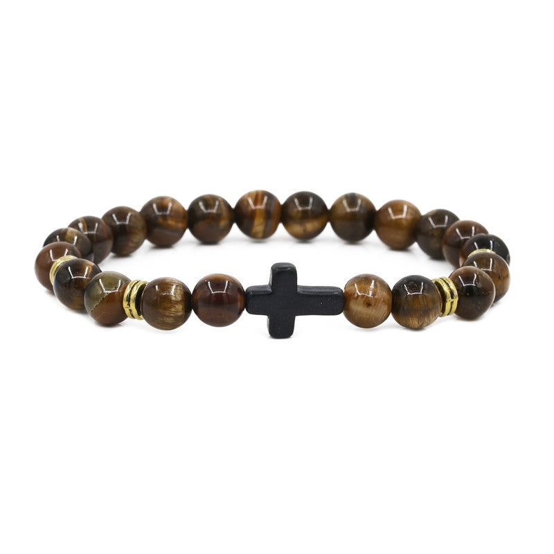 Alloy Cross Bracelet with 8mm Matte Volcanic Stone Beads - Red Pine
