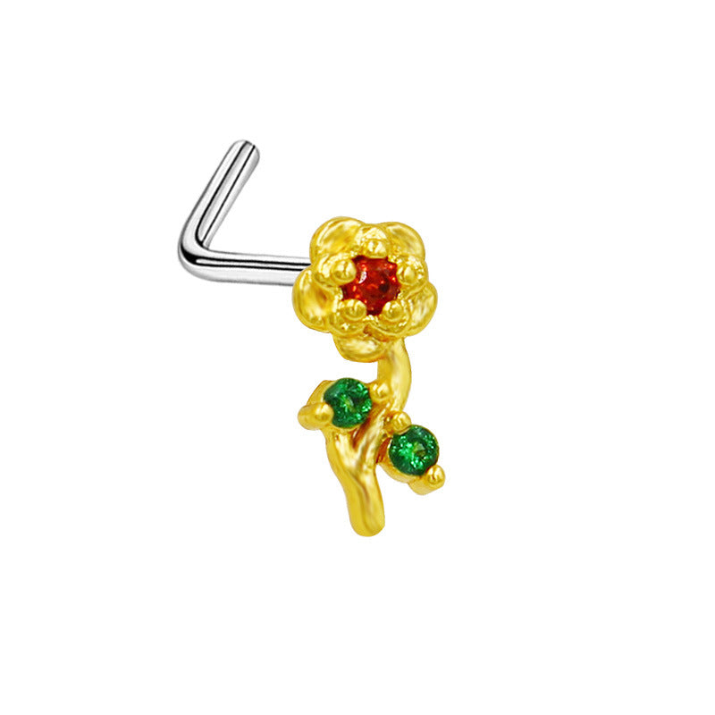 1 Piece Retro Starry Sky Flower Nose Ring & Stud 316 Stainless Steel Gold Plated with Zircon Pendant
