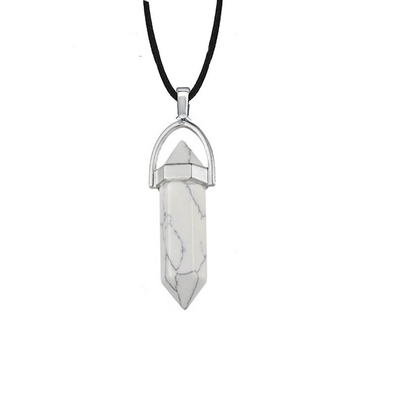 Hexagon Prism Natural Stone Leather Rope Necklace with Quartz Point Pendant
