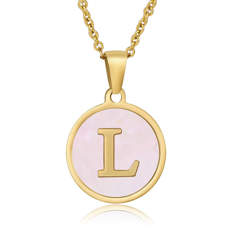 18K Gold Plated Pink Shell Round Letter Pendant Stainless Steel Necklace for Women