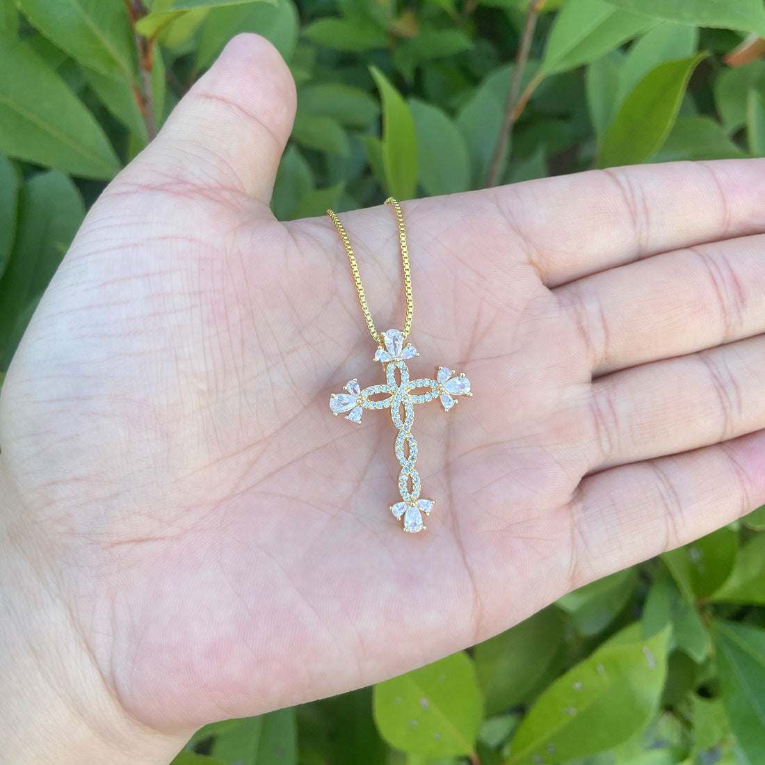 18k Gold Plated Copper Cross Pendant Necklace with Zircon Inlay