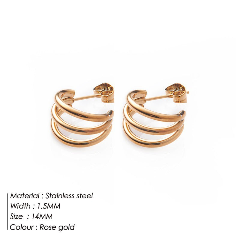 New Minimalist Triple Curve Stainless Steel Small Hoop Earrings