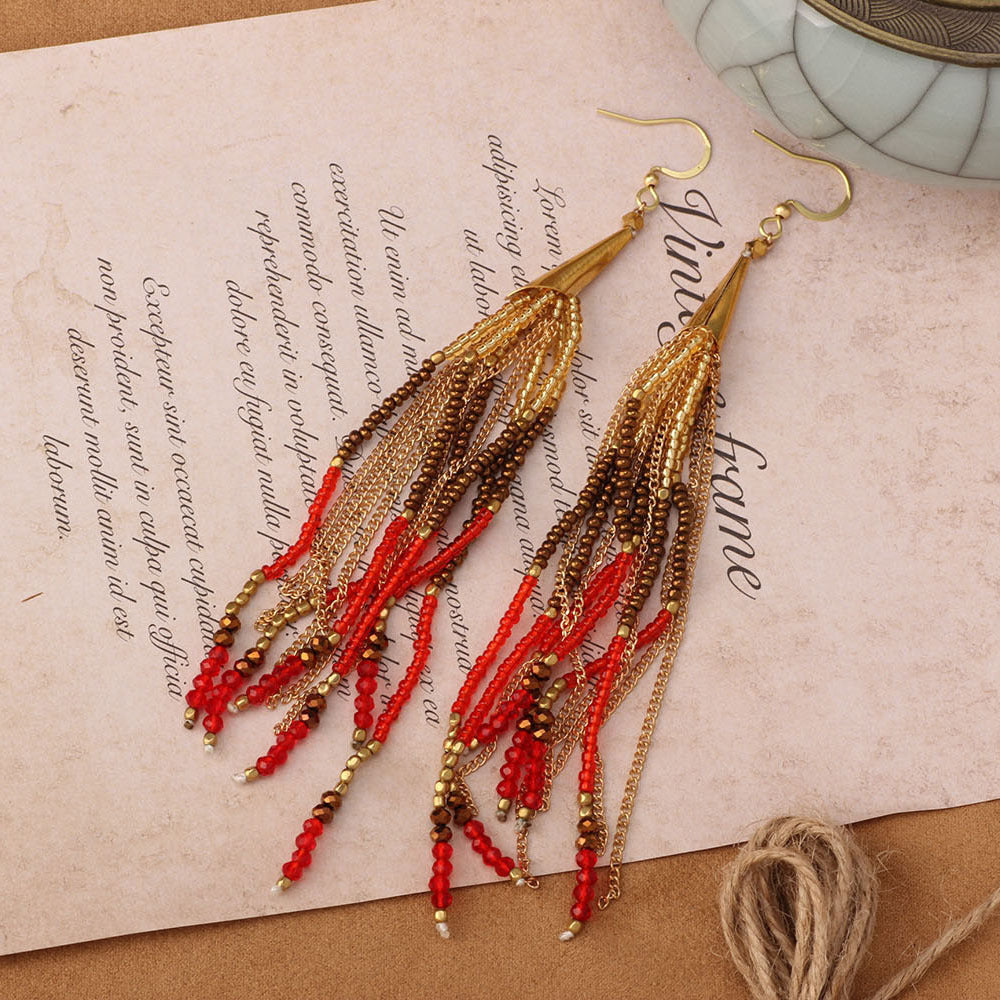 Bohemian Shell Tassel Mesh Earrings with Synthetic Gemstones