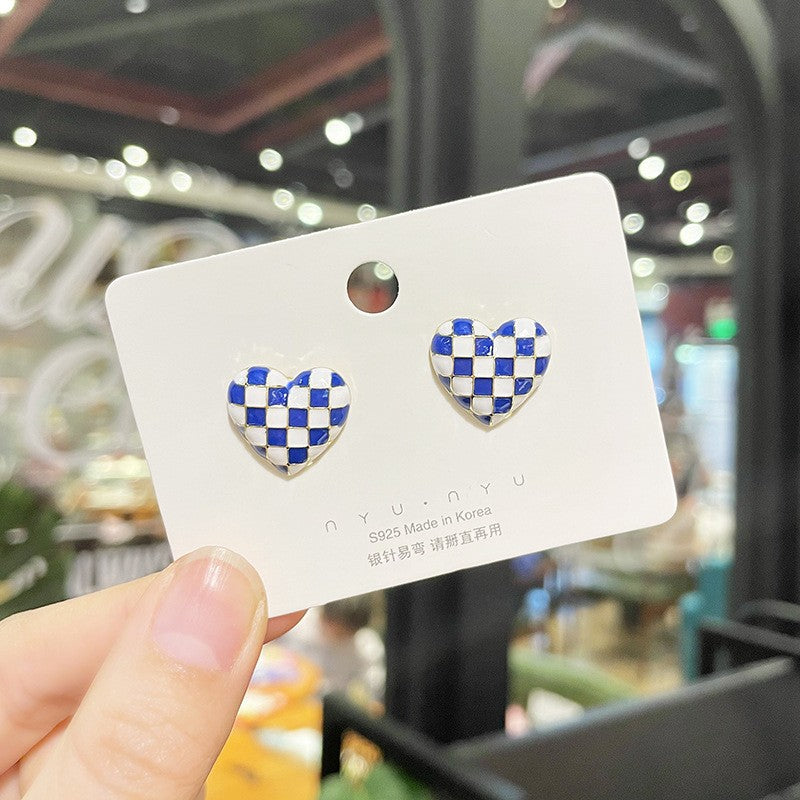 1 Pair Geometric Alloy Varnish Artificial Pearl & 925 Silver Needle Green Plaid Heart Stud Earrings