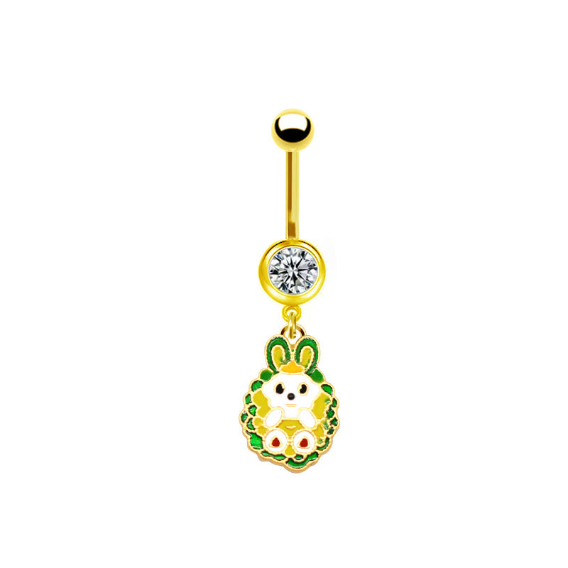 Sweet Pastoral Rose Flower Belly Ring with Colorful Water Droplets and Rhinestones in Stainless Steel and Gold Plated Finish