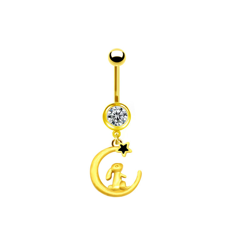 Sweet Pastoral Rose Flower Belly Ring with Colorful Water Droplets and Rhinestones in Stainless Steel and Gold Plated Finish