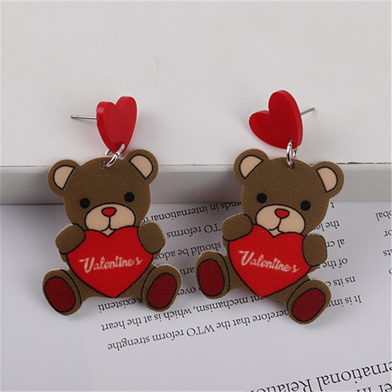 1 Pair Cute Bear Heart Shape Rose Acrylic Valentine's Day Drop Earrings